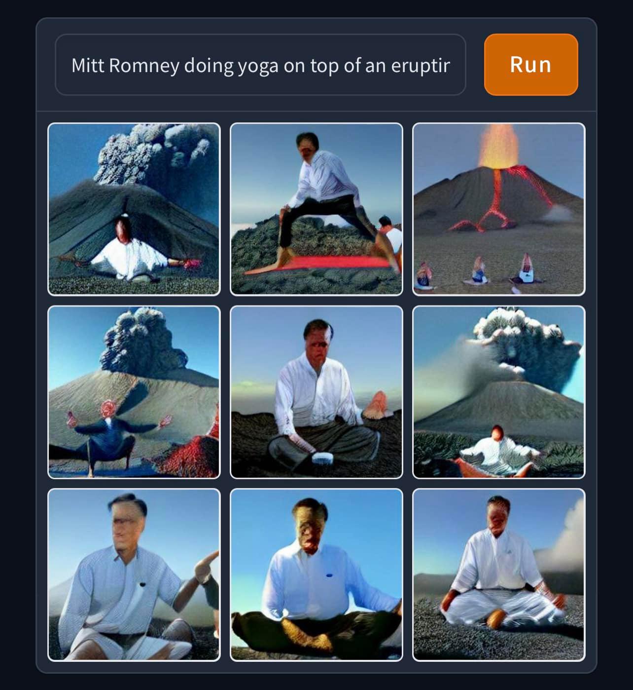 This meme is a humorous image of former US President Mitt Romney engaging in yoga on top of an erupting volcano, with the caption "Mitt Romney doing yoga on top of an erupting volcano" and the text "I'm not sure what's more impressive, the volcano's eruption or Mitt's yoga skills." The image is likely to be humorous because it's a satirical take on the idea of a politician doing yoga in a dangerous and unpredictable environment.